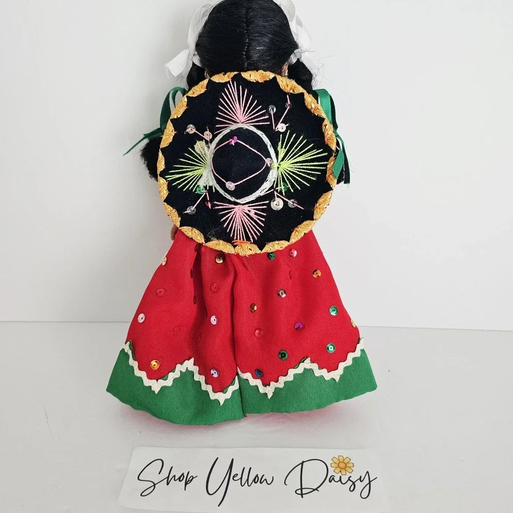Vintage Mexican‎ Souvenir Doll China Poblana Red Green Dress Sombrero 10.5in